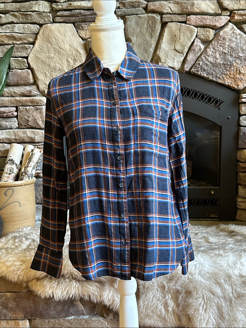 Treasure & Bond Navy and Brown Plaid Button-Down Shirt